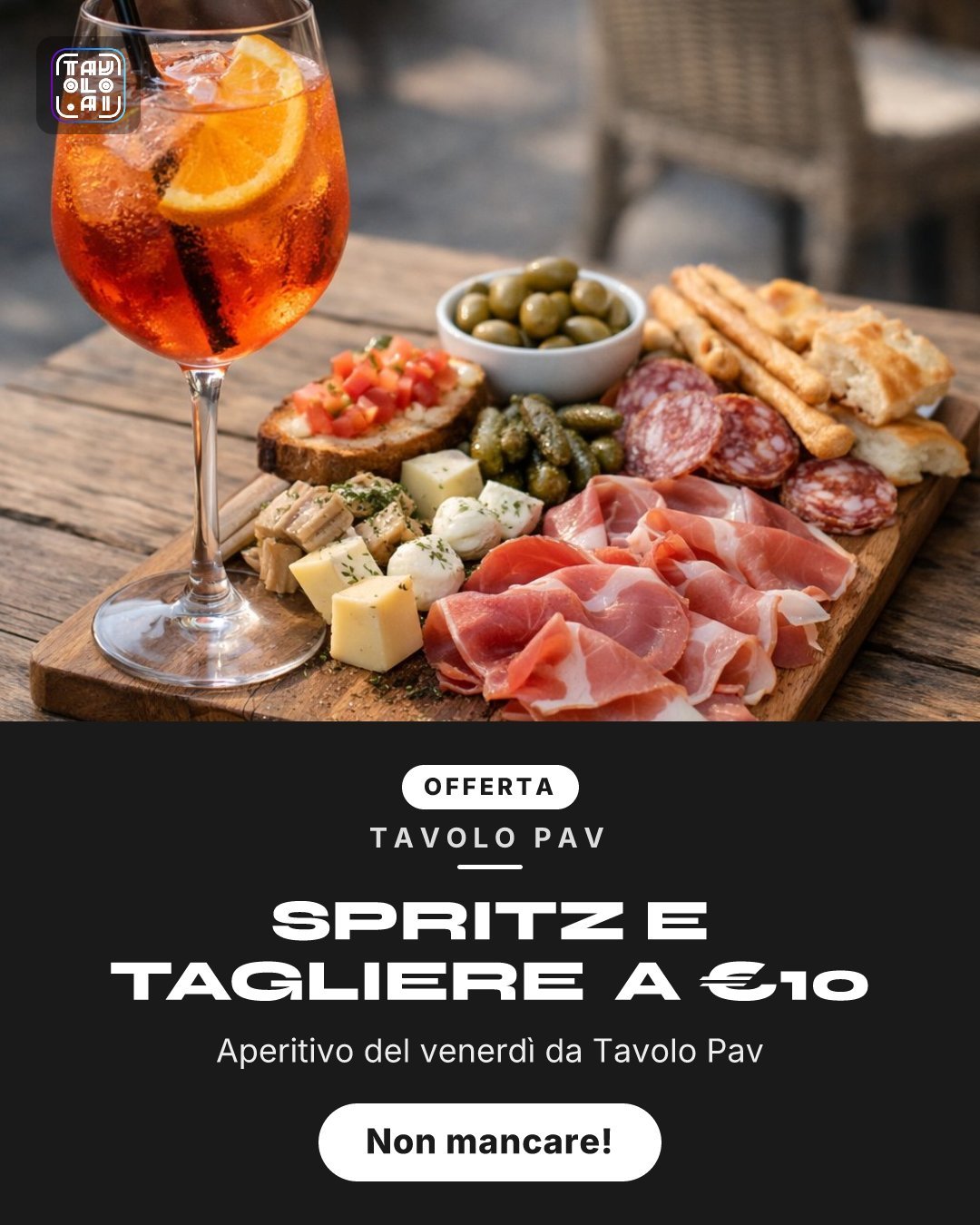 Locandina aperitivo con tagliere creata con OnderaAI
